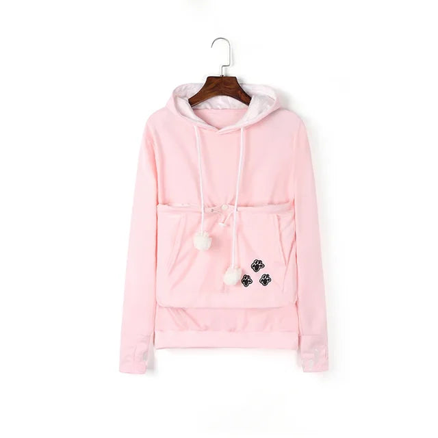 Women's Pullover Sweater Cute Cat and Dog Printed Big Pocket Sweater Outdoor Pet Bag Long Sleeve Hooded Loose Sweater