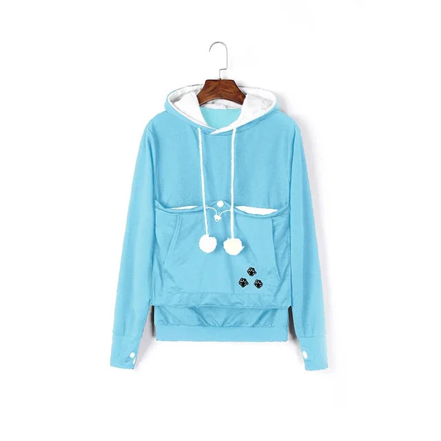 Women's Pullover Sweater Cute Cat and Dog Printed Big Pocket Sweater Outdoor Pet Bag Long Sleeve Hooded Loose Sweater