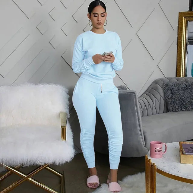 2 Pieces Set Fashion Women Tracksuits 2020 Long Sleeve Solid Color Pullover T-shirt High Waist Lace-up Long Pant Outfits Casual