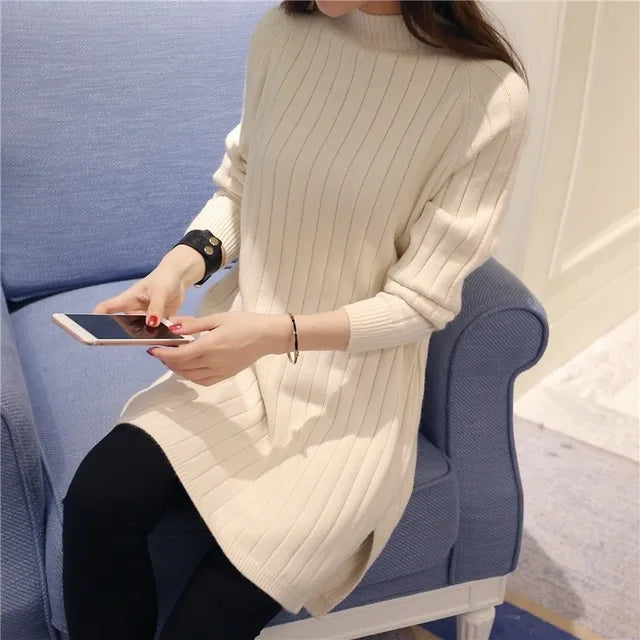 WTEMPO Turtleneck Sweater Women's Mid Long Knitted Bottoming Shirt Loose Pullover Knitted Tops Long Sleeve Casual Sweater