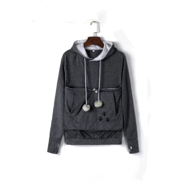 Women's Pullover Sweater Cute Cat and Dog Printed Big Pocket Sweater Outdoor Pet Bag Long Sleeve Hooded Loose Sweater