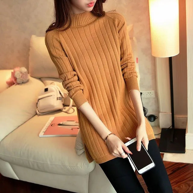 WTEMPO Turtleneck Sweater Women's Mid Long Knitted Bottoming Shirt Loose Pullover Knitted Tops Long Sleeve Casual Sweater