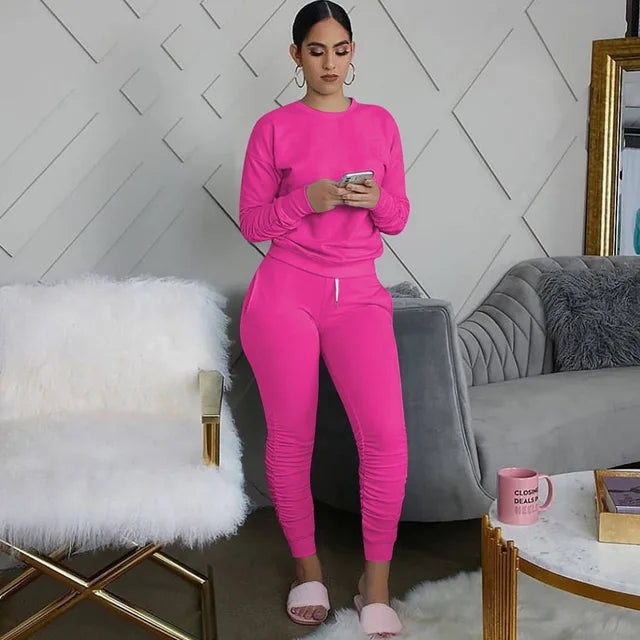 2 Pieces Set Fashion Women Tracksuits 2020 Long Sleeve Solid Color Pullover T-shirt High Waist Lace-up Long Pant Outfits Casual