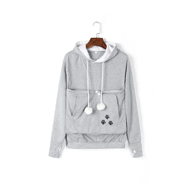 Women's Pullover Sweater Cute Cat and Dog Printed Big Pocket Sweater Outdoor Pet Bag Long Sleeve Hooded Loose Sweater