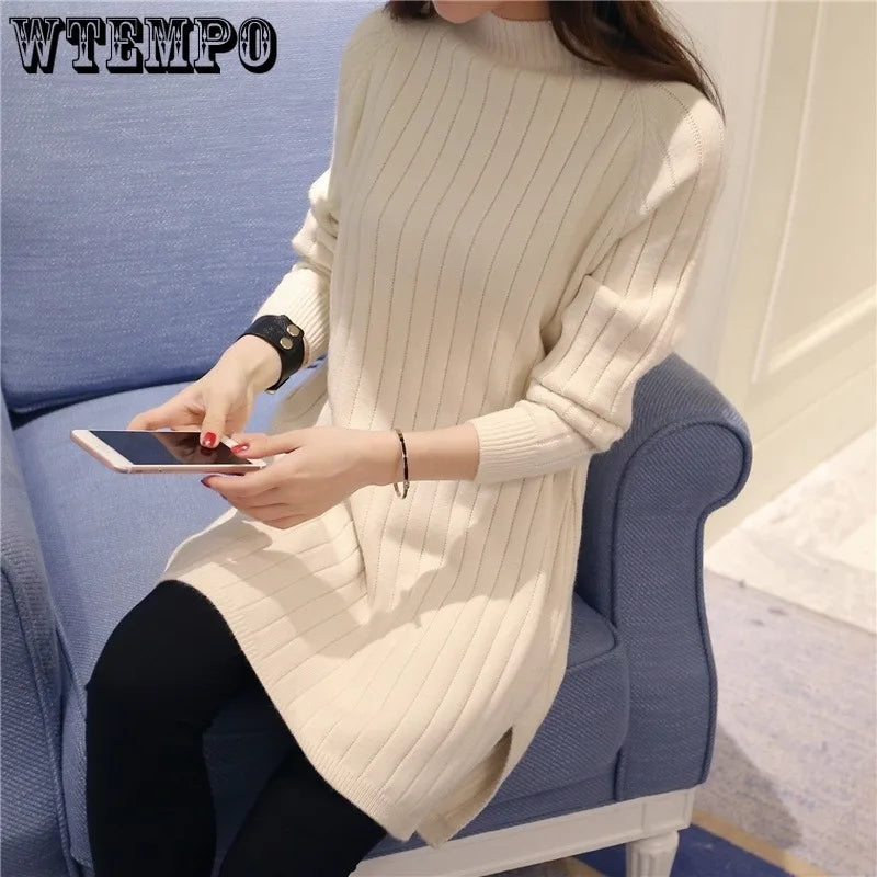 WTEMPO Turtleneck Sweater Women's Mid Long Knitted Bottoming Shirt Loose Pullover Knitted Tops Long Sleeve Casual Sweater