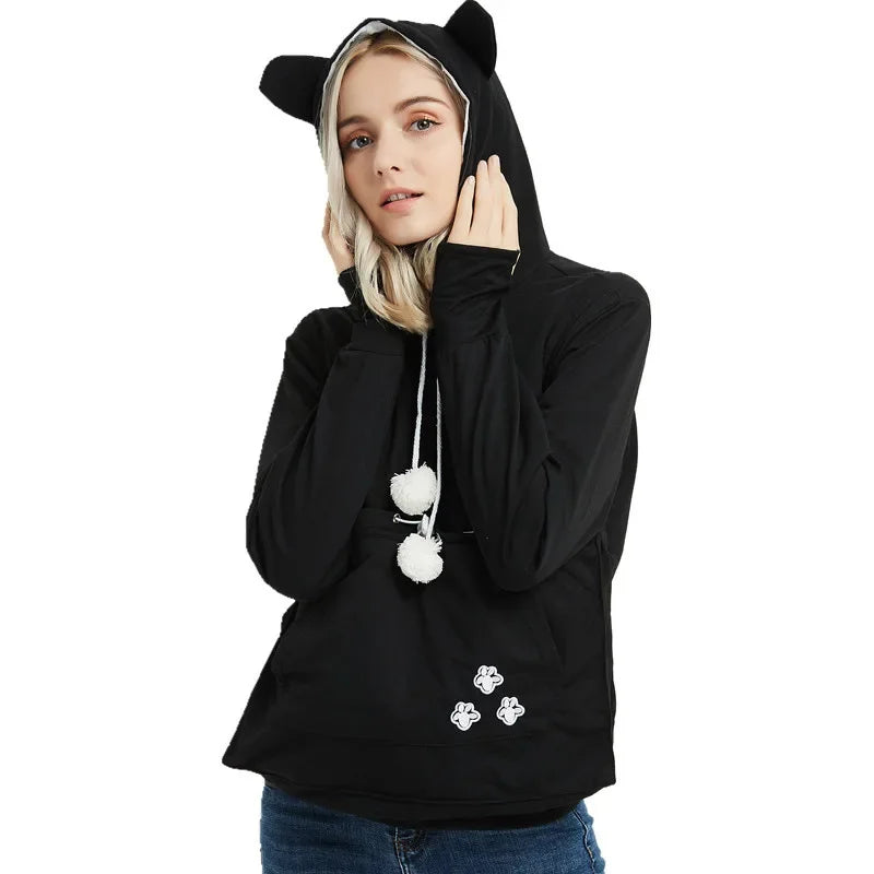 Women's Pullover Sweater Cute Cat and Dog Printed Big Pocket Sweater Outdoor Pet Bag Long Sleeve Hooded Loose Sweater