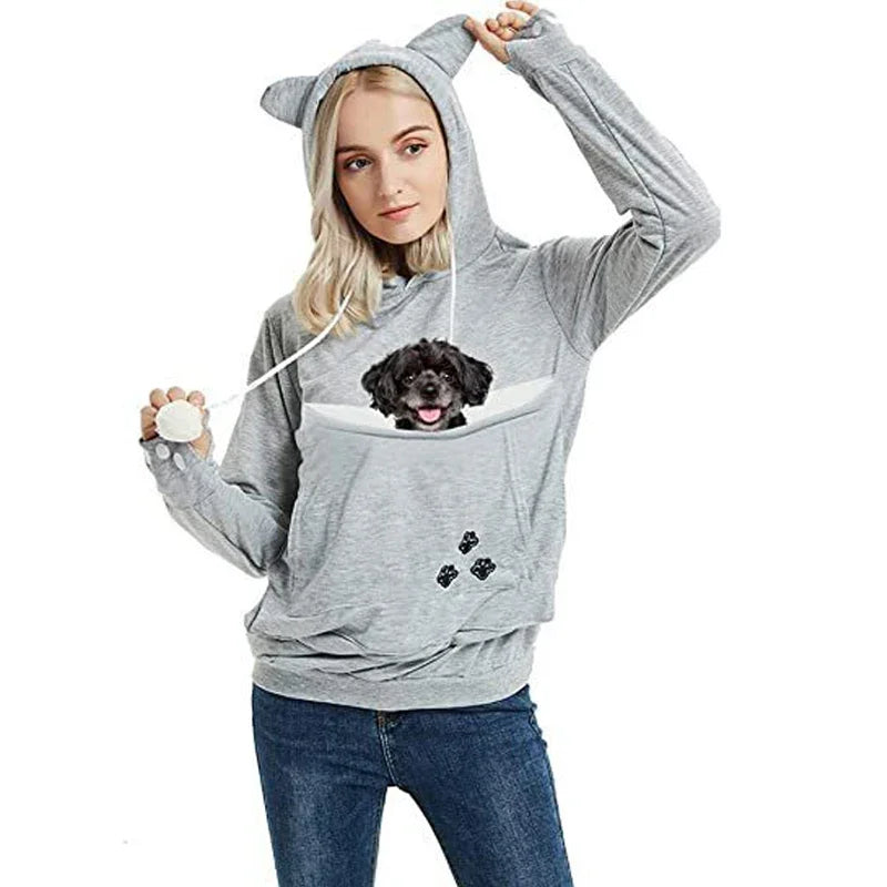 Women's Pullover Sweater Cute Cat and Dog Printed Big Pocket Sweater Outdoor Pet Bag Long Sleeve Hooded Loose Sweater