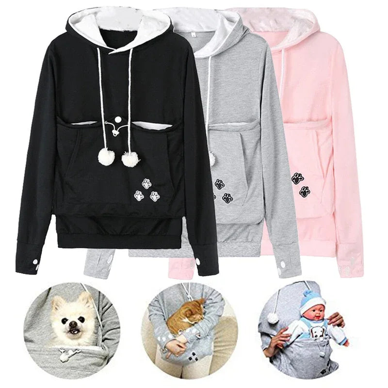 Women's Pullover Sweater Cute Cat and Dog Printed Big Pocket Sweater Outdoor Pet Bag Long Sleeve Hooded Loose Sweater