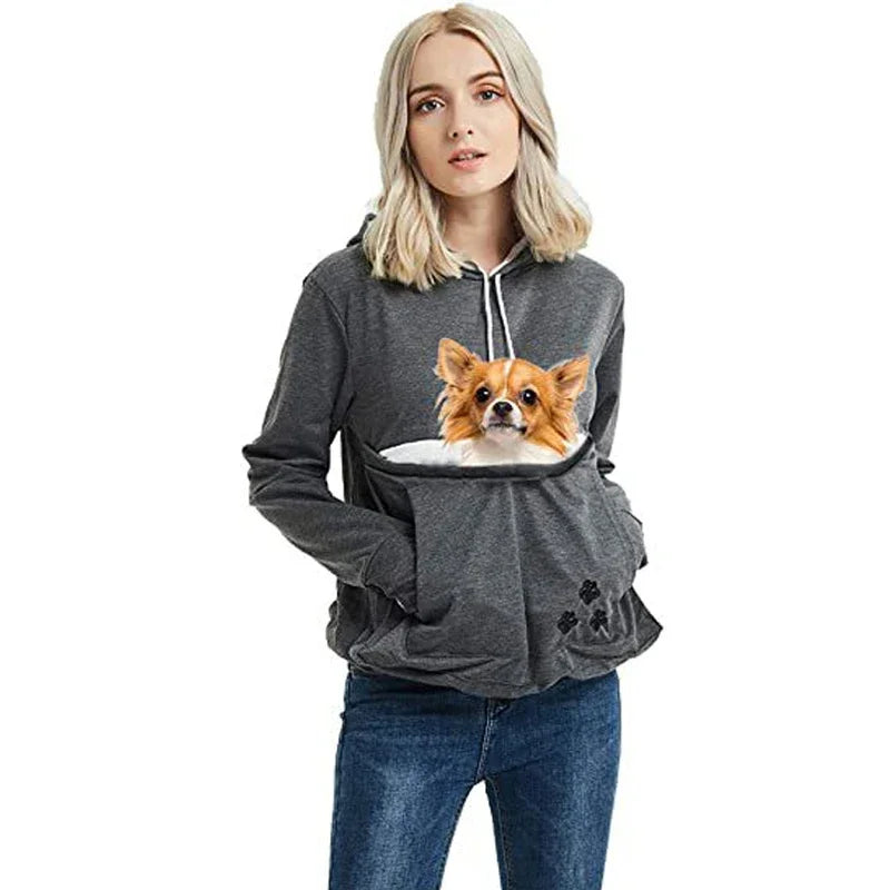 Women's Pullover Sweater Cute Cat and Dog Printed Big Pocket Sweater Outdoor Pet Bag Long Sleeve Hooded Loose Sweater