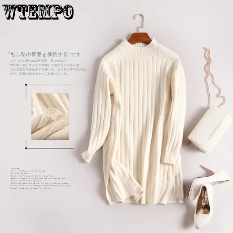 WTEMPO Turtleneck Sweater Women's Mid Long Knitted Bottoming Shirt Loose Pullover Knitted Tops Long Sleeve Casual Sweater