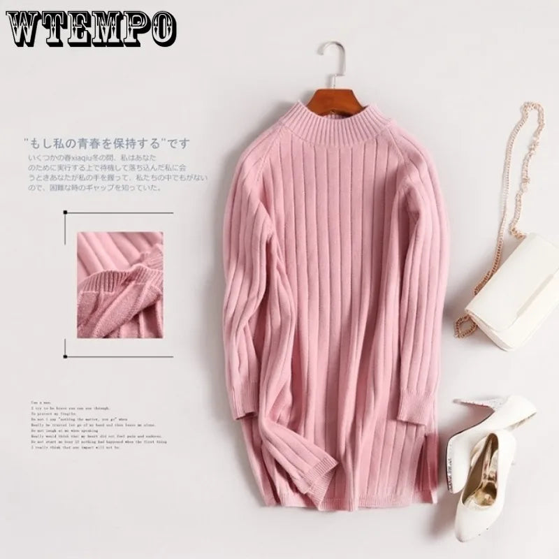 WTEMPO Turtleneck Sweater Women's Mid Long Knitted Bottoming Shirt Loose Pullover Knitted Tops Long Sleeve Casual Sweater