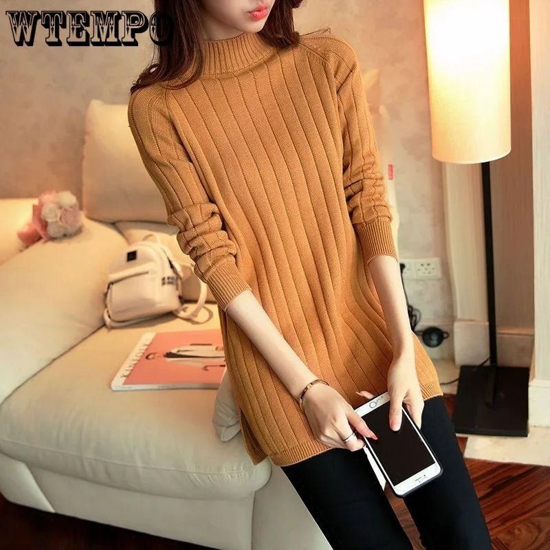 WTEMPO Turtleneck Sweater Women's Mid Long Knitted Bottoming Shirt Loose Pullover Knitted Tops Long Sleeve Casual Sweater