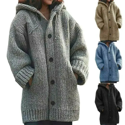 Women's Sweater Cardigan Jacket Autumn Winter Thickened Fashion Warm Knitted Hoodie Button Double Pocket Jacket S-5XL