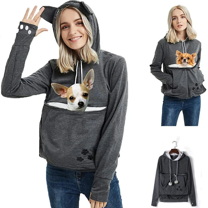 Women's Pullover Sweater Cute Cat and Dog Printed Big Pocket Sweater Outdoor Pet Bag Long Sleeve Hooded Loose Sweater